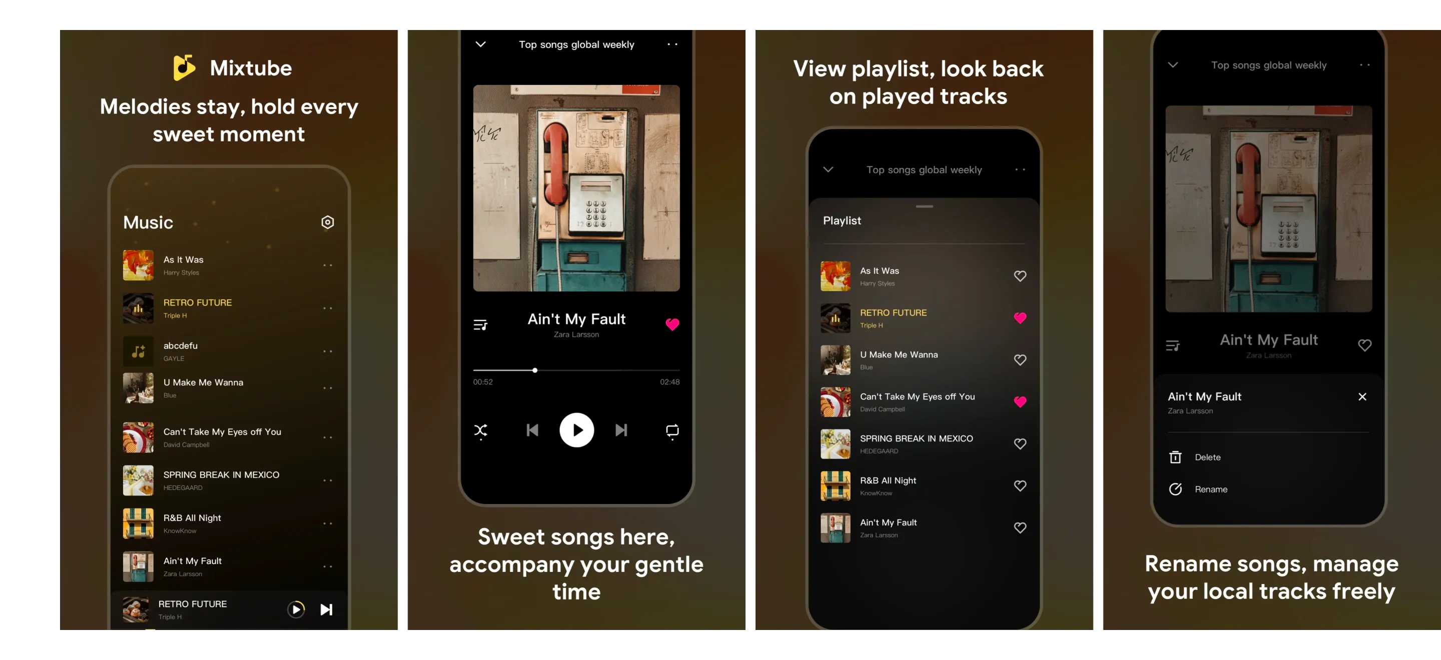 Mixtube music library, player, playlist and song management screens